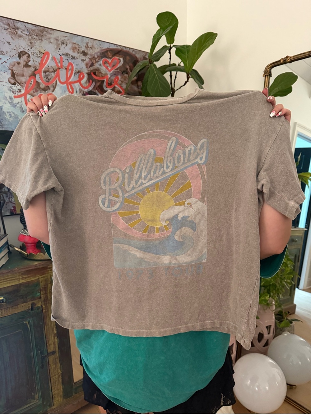 Billabong Taupe Cropped Sunset Wave Graphic Tee
